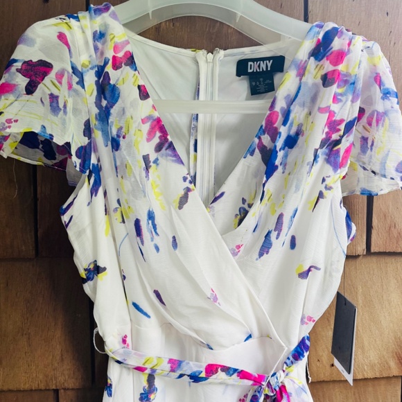 DKNY Printed Flutter Sleeve Faux Wrap Midi High - Low Chiffon Dress Size 14 $134 - Picture 11 of 17